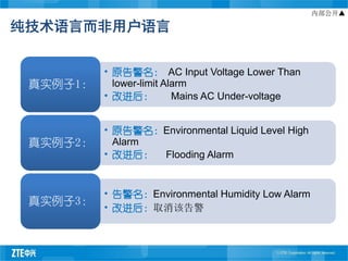 内部公开▲

纯技术语言而非用户语言


          • 原告警名： AC Input Voltage Lower Than
 真实例子1：     lower-limit Alarm
          • 改进后：          Mains AC Under-voltage


          • 原告警名：Environmental Liquid Level High
 真实例子2：     Alarm
          • 改进后： Flooding Alarm


          • 告警名：Environmental Humidity Low Alarm
 真实例子3：
          • 改进后：取消该告警
 