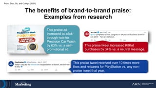 The benefits of brand-to-brand praise:
Examples from research
From: Zhou, Du, and Cutright (2021)
This praise ad
increased ad click-
through-rate for
Precision Car Wash
by 63% vs. a self-
promotional ad.
This praise tweet increased KitKat
purchases by 34% vs. a neutral message.
This praise tweet received over 10 times more
likes and retweets for PlayStation vs. any non-
praise tweet that year.
 