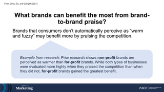What brands can benefit the most from brand-
to-brand praise?
Brands that consumers don’t automatically perceive as “warm
and fuzzy” may benefit more by praising the competition.
From: Zhou, Du, and Cutright (2021)
Example from research: Prior research shows non-profit brands are
perceived as warmer than for-profit brands. While both types of businesses
were evaluated more highly when they praised the competition than when
they did not, for-profit brands gained the greatest benefit.
 