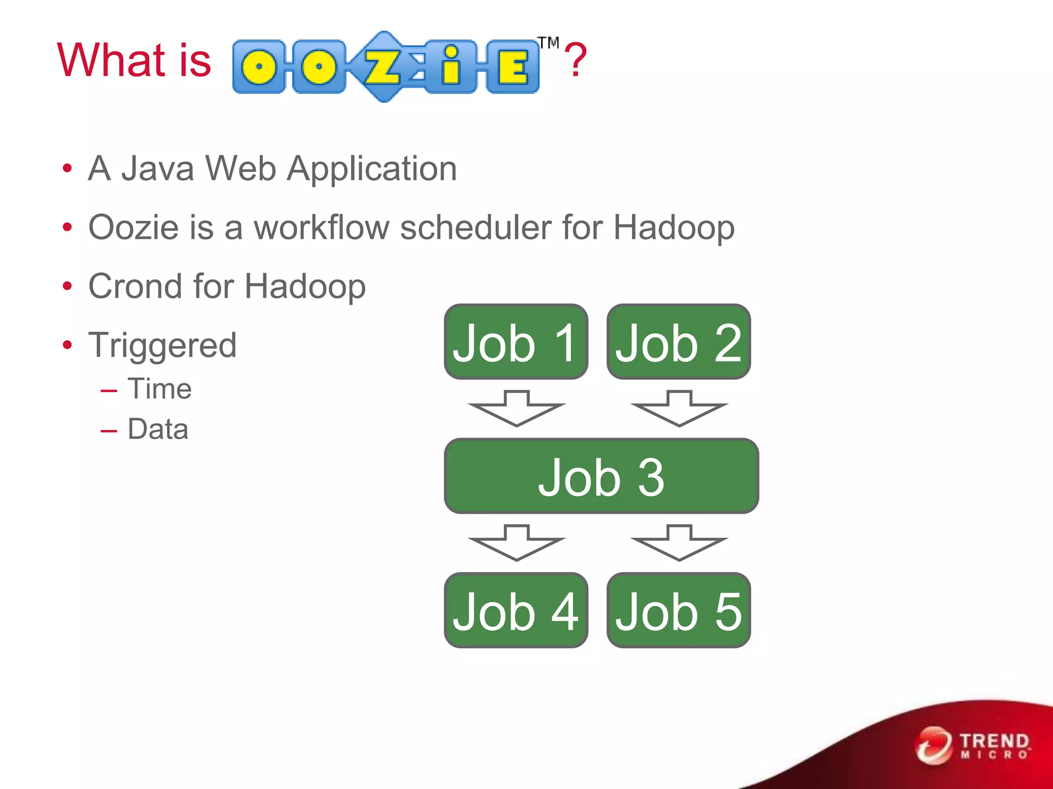 What is                       ?

• A Java Web Application
• Oozie is a workﬂow scheduler for Hadoop
• Crond for Hadoop
• Triggered            Job 1 Job 2
  – Time
  – Data
                            Job 3

                       Job 4 Job 5
 