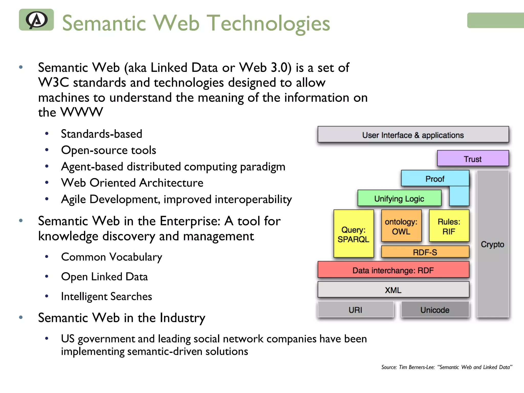 Semantic Web Technologies
•   Semantic Web (aka Linked Data or Web 3.0) is a set of
    W3C standards and technologies designed to allow
    machines to understand the meaning of the information on
    the WWW
     •   Standards-based
     •   Open-source tools
     •   Agent-based distributed computing paradigm
     •   Web Oriented Architecture
     •   Agile Development, improved interoperability
•   Semantic Web in the Enterprise: A tool for
    knowledge discovery and management
     •   Common Vocabulary
     •   Open Linked Data
     •   Intelligent Searches
•   Semantic Web in the Industry
     •   US government and leading social network companies have been
         implementing semantic-driven solutions
                                                                        Source: Tim Berners-Lee: “Semantic Web and Linked Data”
 