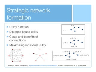 Strategic network
formation
Utility function

Distance based utility

Costs and beneﬁts of
connections

Maximizing individ...