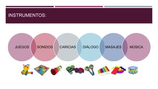 INSTRUMENTOS:
JUEGOS SONIDOS CARICIAS DIÁLOGO MASAJES MÚSICA
 