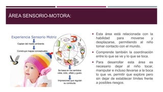 ÁREA SENSORIO-MOTORA:
 Esta área está relacionada con la
habilidad para moverse y
desplazarse, permitiendo al niño
tomar contacto con el mundo.
 Comprende también la coordinación
entre lo que se ve y lo que se toca.
 Para desarrollar esta área es
necesario dejar al niño tocar,
manipular e incluso llevarse a la boca
lo que ve, permitir que explore pero
sin dejar de establecer límites frente
a posibles riesgos.
 