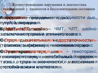 Жизнеугрожающие нарушения и диагностика
повреждений у пациентов в бессознательном состоянии
■Асфиксия – нарушение проходимости дых.,
путей, аспирация.
■Брадипноэ, апноэ – ЧМТ, ЧЛТ, шейно-
затылочная травма и спинного мозга.
■Острая дыхательная недостаточность-
(тахипноэ, эмфизема) – гемопневомторакс
■Острая кровопотеря, шок – гемоторакс,
гемопериттонеум, нестабильный перелом
таза, отрыв конечности, массивная
отслойка кожи и клетчатки. 22
 