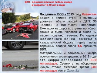 По данным ВОЗ в 2013 году Казахстан
вошел в список стран с высоким
уровнем гибели людей в ДТП: 30
человек на 100 тысяч населения.
Ежегодно на дорогах страны погибают
свыше 3 тысяч человек и около 17
тысяч получают увечья. По оценке
В с е м и р н о г о б а н к а , е ж е г о д н о
казахстанский бюджет теряет из-за
дорожных аварий около 1,5 процента
ВВП.
Материальный и социальный ущерб
исчисляется миллиардами: в 2012 году
э т а ц и ф р а п е р е в а л и л а з а 6 0 0
миллиардов. Сравните: на оборонные
нужды страна ежегодно тратит 200
миллиардов тенге! Zakon.kz
ДТП - основная причина гибели людей
в возрасте 15-40 лет в мире
3
 