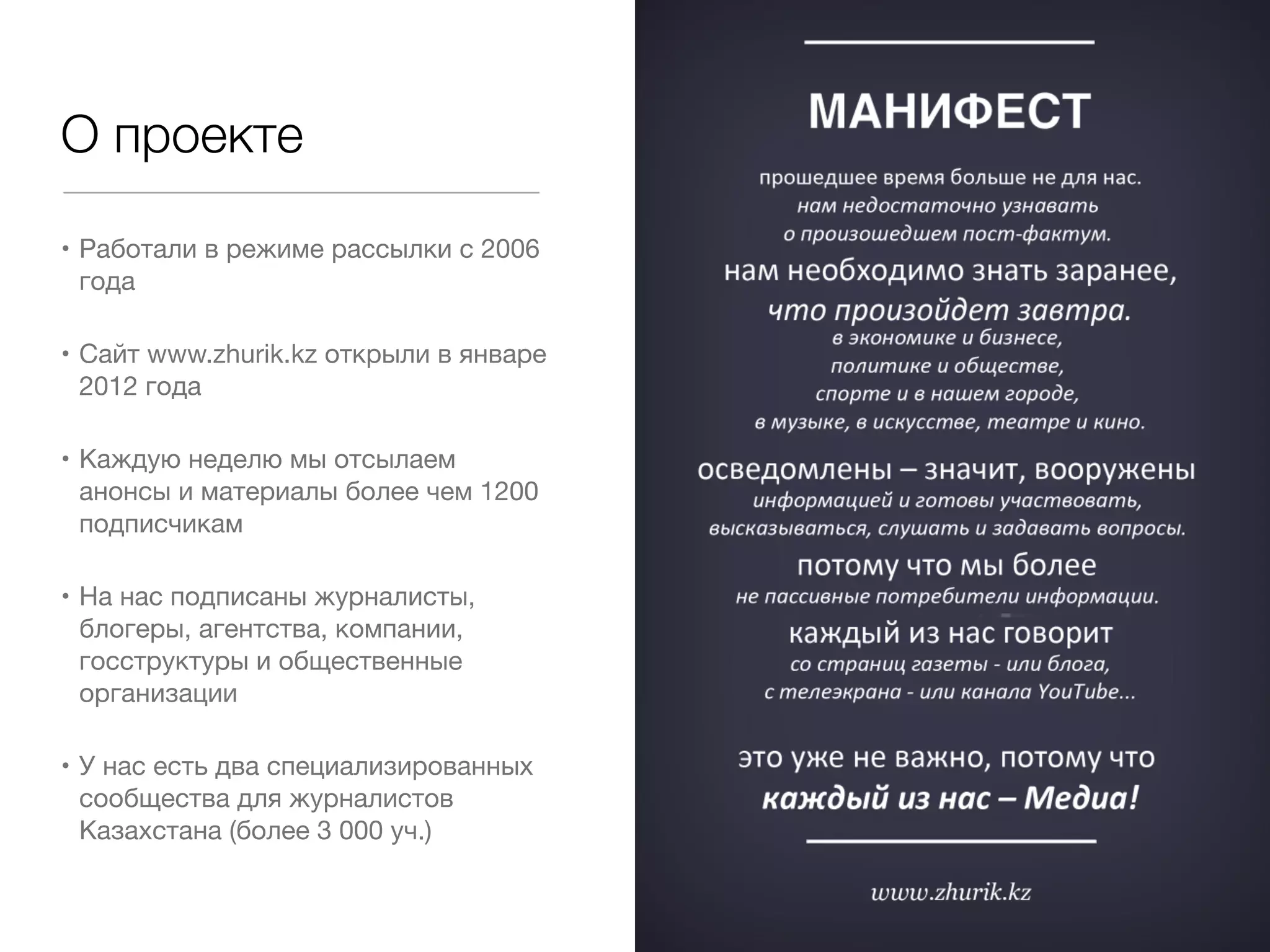 О проекте

• Работали в режиме рассылки с 2006
  года


• Сайт www.zhurik.kz открыли в январе
  2012 года


• Каждую неделю мы отсылаем
  анонсы и материалы более чем 1200
  подписчикам 


• На нас подписаны журналисты,
  блогеры, агентства, компании,
  госструктуры и общественные
  организации


• У нас есть два специализированных
  сообщества для журналистов
  Казахстана (более 3 000 уч.)
 
