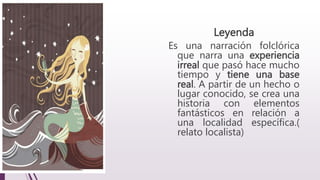 Leyenda
Es una narración folclórica
que narra una experiencia
irreal que pasó hace mucho
tiempo y tiene una base
real. A partir de un hecho o
lugar conocido, se crea una
historia con elementos
fantásticos en relación a
una localidad específica.(
relato localista)
 