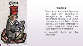 Parábola
Consiste en un relato figurado
del cual, por analogía o
semejanza, se deriva una
enseñanza relativa a un tema
que no es el explícito. Es en
esencia, un relato simbólico o
o una comparación basada en
una observación verosímil.
La parábola tiene un fin
didáctico
 