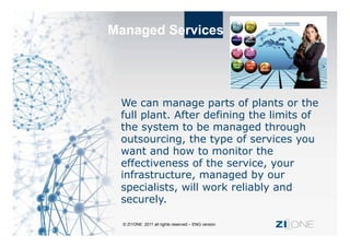 Managed Services




           We can manage parts of plants or the
           full plant. After defining the limits of
           the system to be managed through
           outsourcing, the type of services you
           want and how to monitor the
Argonet
           effectiveness of the service, your
           infrastructure, managed by our
           specialists, will work reliably and
           securely.

            © ZI1ONE 2011 all rights reserved – ENG version   ZI ONE
 