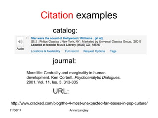 Citation examples 
catalog: 
journal: 
More life: Centrality and marginality in human 
development. Ken Corbett. Psychoanalytic Dialogues. 
2001. Vol. 11, Iss. 3; 313-335 
URL: 
http://www.cracked.com/blog/the-4-most-unexpected-fan-bases-in-pop-culture/ 
11/06/14 Anne Langley 
 