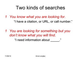 Two kinds of searches 
1 You know what you are looking for. 
“I have a citation, or URL, or call number.” 
1 You are looking for something but you 
don’t know what you will find. 
“I need information about _____.” 
11/06/14 Anne Langley 
 