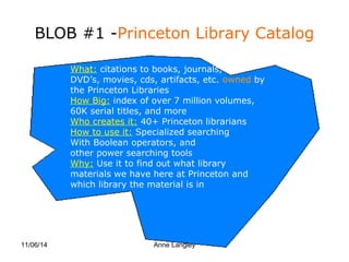 BLOB #1 -Princeton Library Catalog 
What: citations to books, journals, 
DVD’s, movies, cds, artifacts, etc. owned by 
the Princeton Libraries 
How Big: index of over 7 million volumes, 
60K serial titles, and more 
Who creates it: 40+ Princeton librarians 
How to use it: Specialized searching 
With Boolean operators, and 
other power searching tools 
Why: Use it to find out what library 
materials we have here at Princeton and 
which library the material is in 
11/06/14 Anne Langley 
 