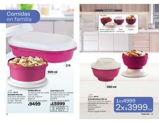 Tutti Charm 2 lt
Su tapa puede ser utilizada
también como fuente.
32 x 21,5 x 8,7 cm
617974
Precio regular $ 18099
$15999
Actualité Morado
Para servir alimentos
en la mesa de todos
los días. Material
rígido y duradero.
2 lt
3
cuotas de
$5333 c/u
741473
Facilita 900 ml
Su tapa puede ser usada
como plato.
ø 17 cm ∆ 8,5 cm
618173
Precio regular $ 10509
$9499
900 ml
Comidas
en familia
Servir
38
1x$4999
2x$3999c/u
Bowl y plato para
acompañamiento
Para
conservar
Copón
Actualité Bowl 330 ml
Para servir postres, sopas y
pequeñas porciones de
alimentos.
ø 12 cm ∆ 8 cm
616077
Precio regular $ 6019
330 ml
Servir
Versátil:
39
 
