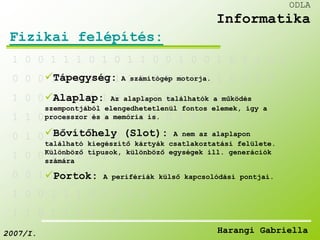 1 0 0 1 1 1 0 1 0 1 1 0 0 1 0 0 1 0 1 1 0 0 
Tápegység: A számítógép motorja. 
0 0 0 1 0 1 0 1 1 1 1 0 1 1 0 0 1 0 0 1 0 
Alaplap: Az alaplapon találhatók a működés 
szempontjából elengedhetetlenül fontos elemek, így a 
processzor és a memória is. 
1 0 0 1 1 1 0 1 0 1 0 0 0 1 1 0 0 0 1 
1 1 0 1 1 1 0 1 0 1 1 1 0 1 0 0 1 0 
Bővítőhely (Slot): A nem az alaplapon 
található kiegészítő kártyák csatlakoztatási felülete. 
Különböző típusok, különböző egységek ill. generációk 
számára 
0 1 0 1 1 1 0 1 0 1 0 0 0 1 0 0 0 
1 0 0 1 0 1 0 1 1 1 1 0 1 1 0 
Portok: A perifériák külső kapcsolódási pontjai. 
0 0 1 1 1 1 0 1 0 1 1 1 0 
1 0 0 1 1 1 0 1 0 1 0 
1 1 0 1 1 1 0 1 0 
ODLA 
Informatika 
Fizikai felépítés: 
2007/I. Harangi Gabriella 
 
