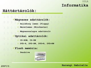 1 0 0 1 1 1 0 1 0 1 1 0 0 1 0 0 1 0 1 1 0 0 
Mágneses adattárolók: 
0 0 0 1 0 1 0 1 1 1 1 0 1 1 0 0 1 0 0 1 0 
 Hajlékony lemez (Floppy) 
 Merevlemez (Winchester) 
1 0 0 1 1 1 0 1 0 1 0 0 0 1 1 0 0 0 1 
 Mágnesszalagos adattároló 
1 1 0 1 1 1 0 1 0 1 1 1 0 1 0 0 1 0 
Optikai adattárolók: 
0 1 0 1 1 1 0 1 0 1 0 0 0 1 0 0 0 
 CD-ROM, CD-RW 
 DVD-R, DVD-RW, DVD+R, DVD+RW 
1 0 0 1 0 1 0 1 1 1 1 0 1 1 0 
Flash memória: 
0 0 1 1 1 1 0 1 0 1 1 1 0 
 Pendrive 
1 0 0 1 1 1 0 1 0 1 0 
1 1 0 1 1 1 0 1 0 
ODLA 
Informatika 
Háttértárolók: 
2007/I. Harangi Gabriella 
 