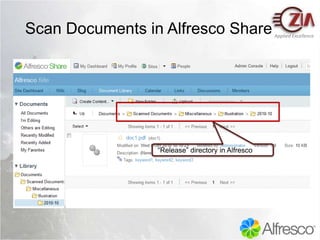 Why Fresh Capture?Supports the scanning of paper documents into Alfresco’s content repositoryLeverages inexpensive desktop scan and OCR softwareLow costReduced storage costMinimize manual entryMinimize file misplacementShort timeframe to installContent Management RequirementsAlfresco 3.x Content Management SystemNote: Zia can upgrade Alfresco Enterprise to latest 3.x versionDesktop based document capture and release to AlfrescoInstalled as Flex desktop application 