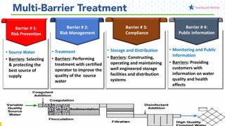7
Multi-Barrier Treatment
7
• Treatment
• Barriers: Performing
treatment with certified
operator to improve the
quality of the source
water
• Storage and Distribution
• Barriers: Constructing,
operating and maintaining
well engineered storage
facilities and distribution
systems
Barrier # 3:
Compliance
• Monitoring and Public
Information
• Barriers: Providing
customers with
information on water
quality and health
effects
Barrier # 4:
Public Information
• Source Water
• Barriers: Selecting
& protecting the
best source of
supply
Barrier # 2:
Risk Management
Barrier # 1:
Risk Prevention
 