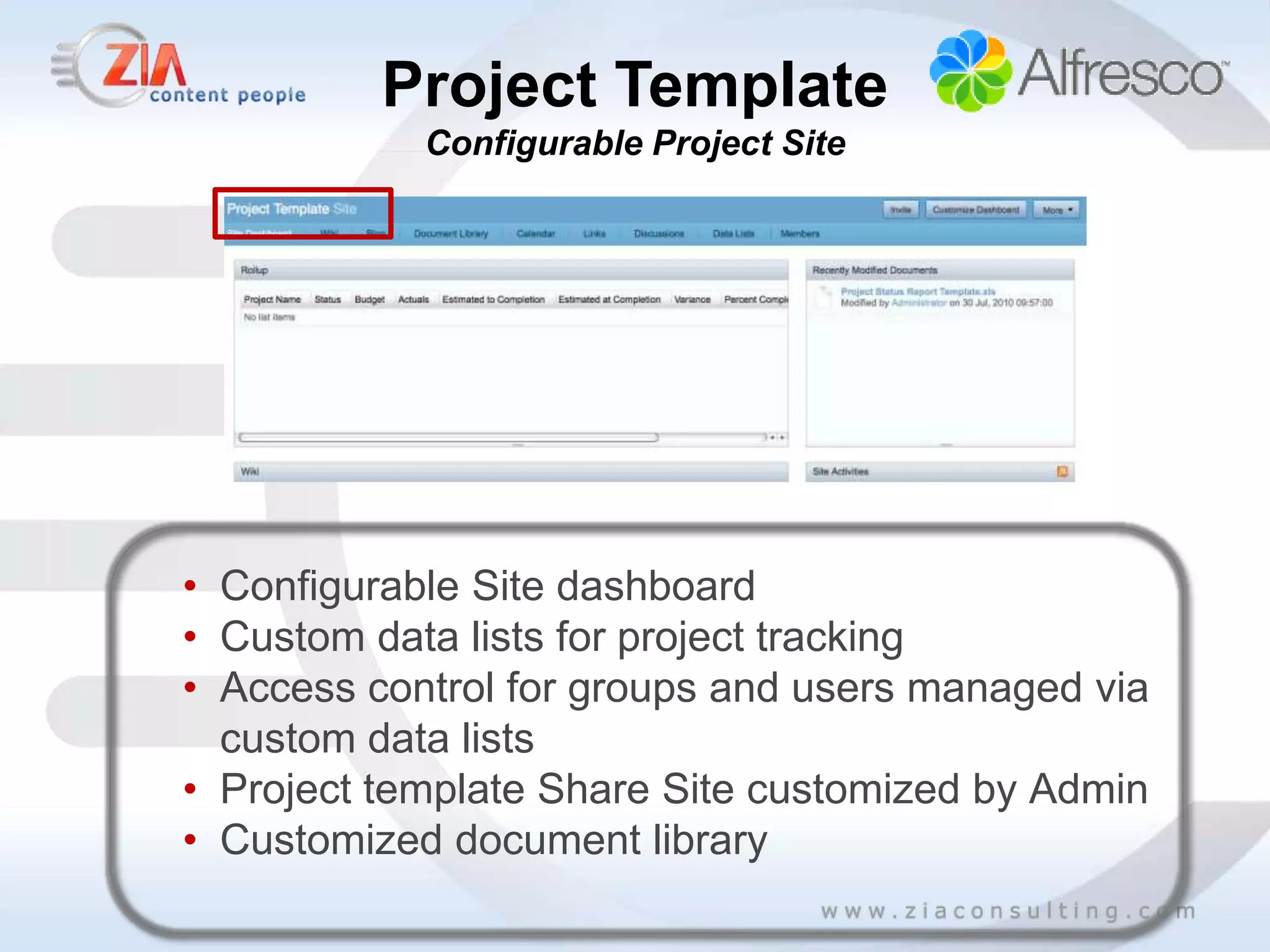Project Template
            Configurable Project Site




• Configurable Site dashboard
• Custom data lists for project tracking
• Access control for groups and users managed via
  custom data lists
• Project template Share Site customized by Admin
• Customized document library
 