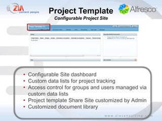 Project Template
            Configurable Project Site




• Configurable Site dashboard
• Custom data lists for project tracking
• Access control for groups and users managed via
  custom data lists
• Project template Share Site customized by Admin
• Customized document library
 