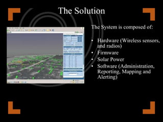 Mesh Networked Location and Sensor Tags “ Smart” mobile tags (M) for each asset Tags (M) have a battery and a  2-way radio  Tags (M) have sensors to determine location, temperature, etc Fixed reference node (R) used to calculate the location of the tags (M) Reference nodes (R) collect tag data and extend the reach of the tags for over one mile.  Gateway “black box” collects data from (R)  Gateway enables remote access via the Internet for reporting, mapping, admin, and alarms 