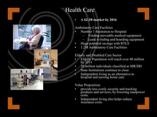 Transportation Transportation market sector: New & Used Auto Dealers  over 115,000 dealerships in US Only 19% of global market How it Works: Tag attached to vehicle Routers placed strategically on lot Tags associated with Serial Number Tags contain accelerometer sensor GeoZones Alerts sent to PC, PDA, or Smartphone 