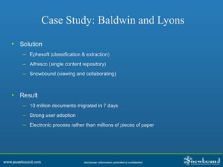 Case Study: Baldwin and Lyons
• Solution
– Ephesoft (classification & extraction)
– Alfresco (single content repository)
– Snowbound (viewing and collaborating)
• Result
– 10 million documents migrated in 7 days
– Strong user adoption
– Electronic process rather than millions of pieces of paper
 