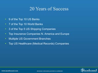 20 Years of Success
• 9 of the Top 10 US Banks
• 7 of the Top 10 World Banks
• 3 of the Top 5 US Shipping Companies
• Top Insurance Companies N. America and Europe
• Multiple US Government Branches
• Top US Healthcare (Medical Records) Companies
 