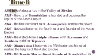 Timeli
ne1200– theAztecsarrivein theValley of Mexico
1325– thecity of Tenochtitlanisfounded and becomesthe
capital of theAztec Empire
1375– thefirst dominant ruler, Acamapichtli, comesinto power
1427– Itzcoatl becomesthefourth ruler and founder of theAztec
Empire
1428– theAztecsform atriple alliance with Texcocans and
Tacubans to defeat Tepanecs
1440– Montezuma Ibecomesthefifth leader and hisruled
marked theheightsof theAztec Empire
 