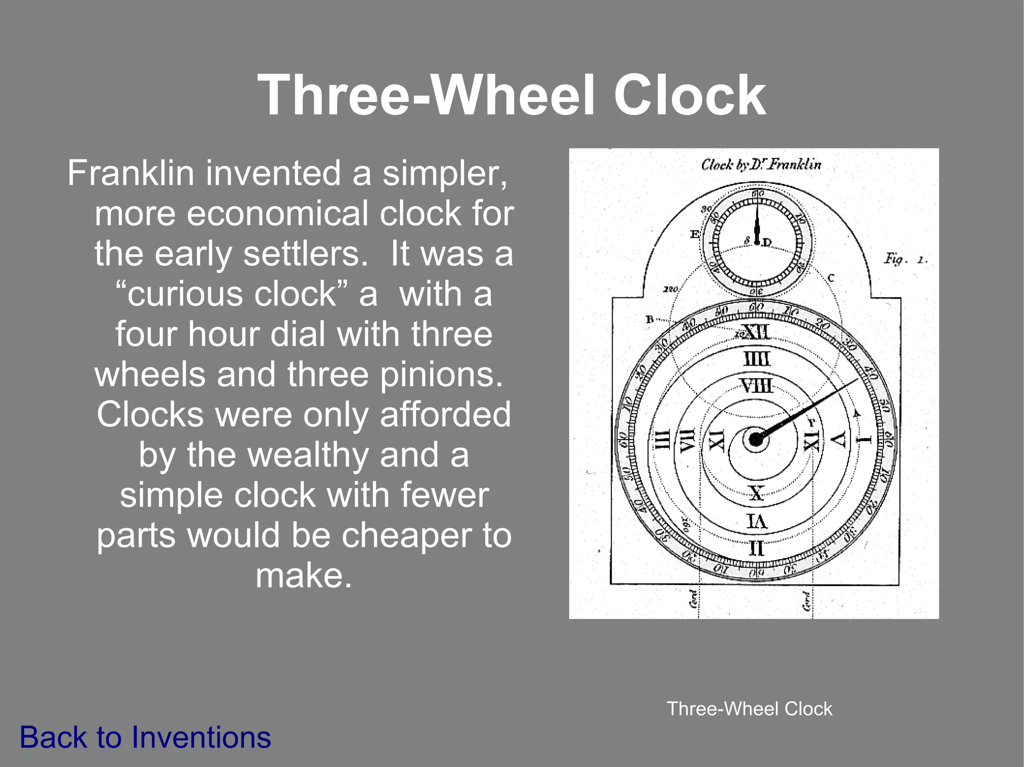 Library Chair Franklin wanted to improve his library chair so that it could do many things than just a chair. He attached a fan that was operated by a foot pedal, and he created a reversible seat that allowed the chair to be used as a small step ladder or stepping stool. Similar chairs are used today. Pictures of Modern Library Chairs Back to Inventions 
