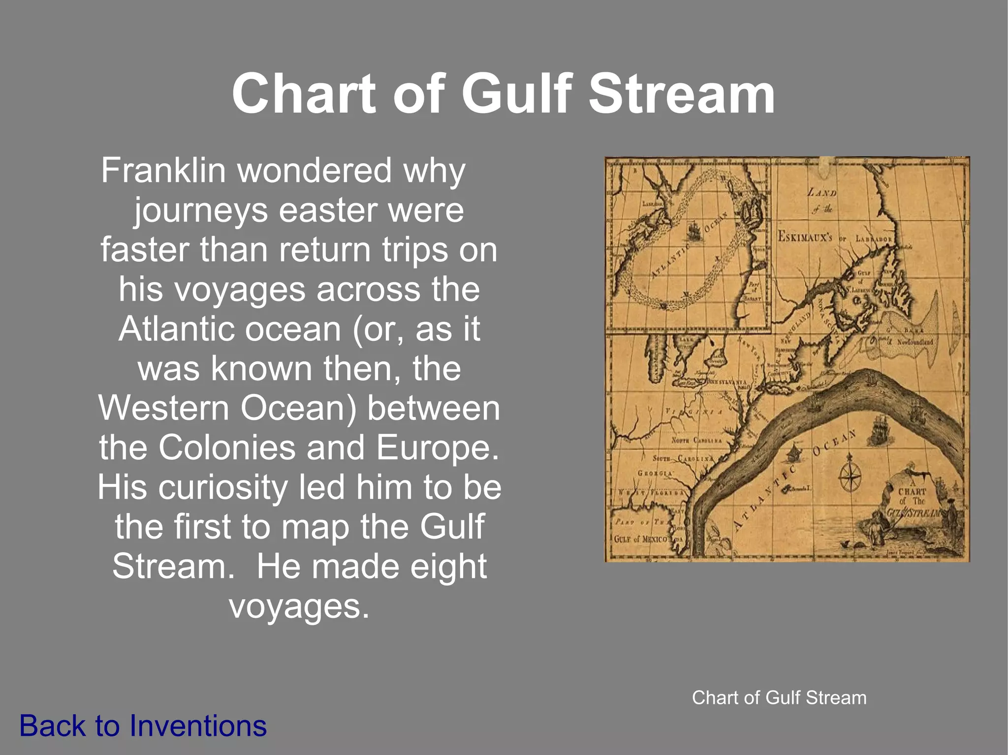 Odometer As Franklin was a postmaster, he wanted to provide fast and efficient service. He wanted to measure the distance between points to create the fastest route, so he created an odometer that attached to his carriage. By counting the rotation of the wheels, it calculated the distance that the carriage traveled. Pictures of Odometers Back to Inventions 