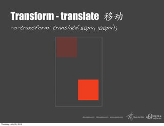 Transform - translate
          -o-transform: translate(50px, 100px);




Thursday, July 29, 2010
 