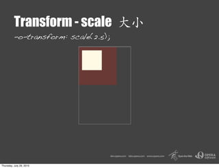 Transform - scale
          -o-transform: scale(2.5);




Thursday, July 29, 2010
 