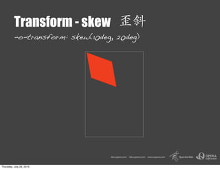 Transform - skew
          -o-transform: skew(10deg, 20deg)




Thursday, July 29, 2010
 