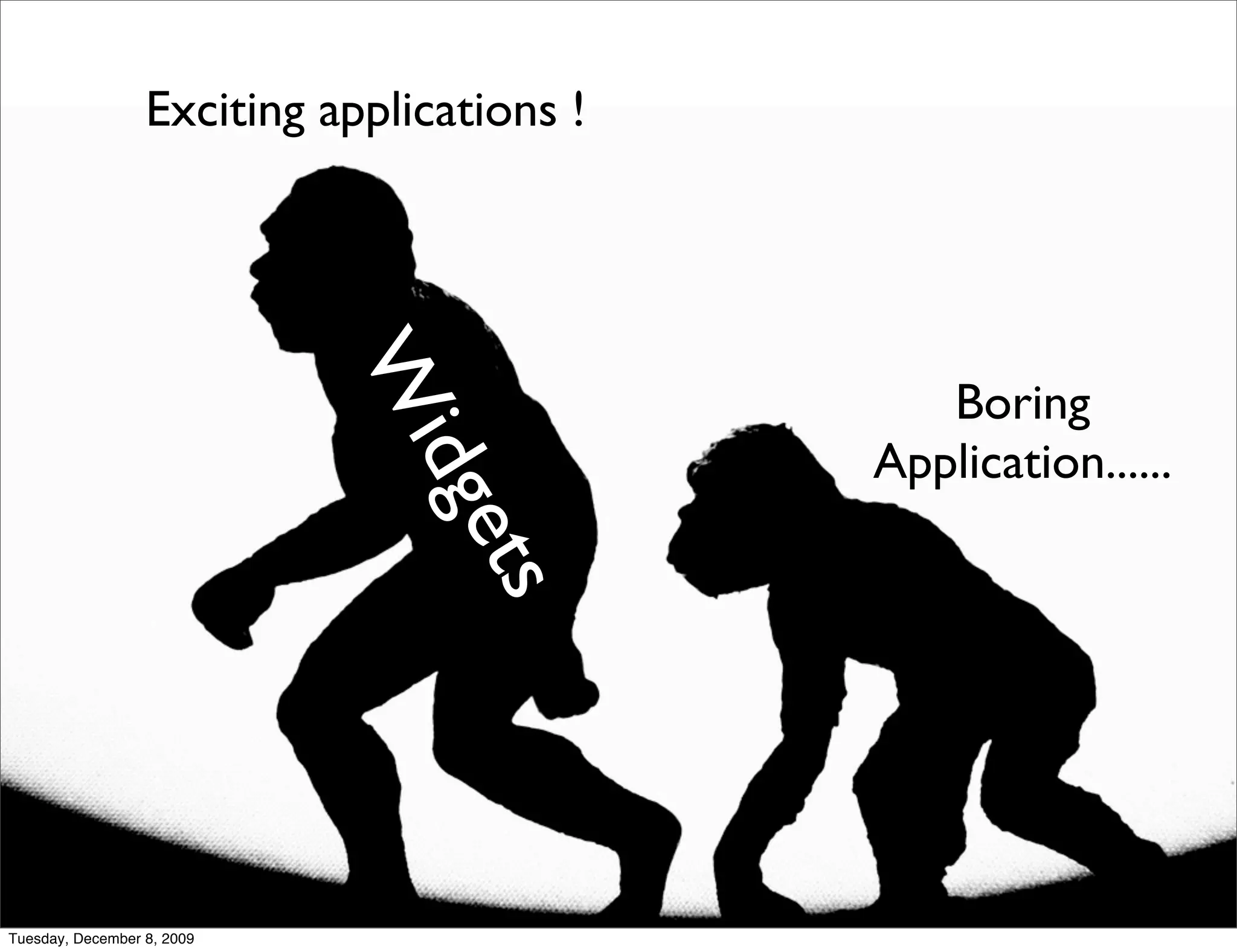 Exciting applications !



                            W
                              idg              Boring
                                 ets        Application......




Tuesday, December 8, 2009
 