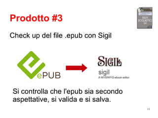 11
Prodotto #3
Check up del file .epub con Sigil
Si controlla che l'epub sia secondo
aspettative, si valida e si salva.
 