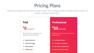 Pricing Plans
Simple pricing plan for the Clinics to get started. Our charging model is based on the number of
doctors working at the clinics.
 