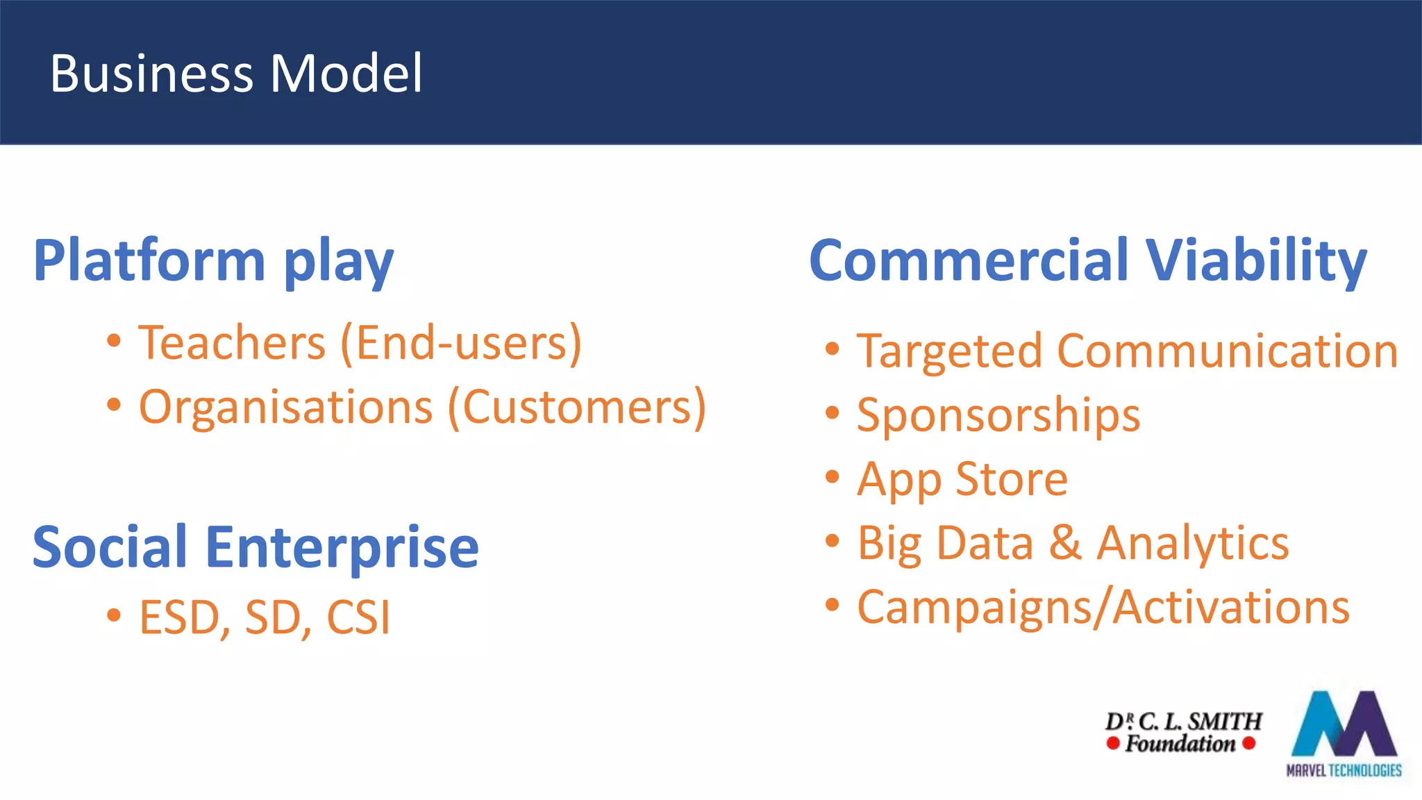 Business Model
Platform play
• Teachers (End-users)
• Organisations (Customers)
Social Enterprise
• ESD, SD, CSI
Commercial Viability
• Targeted Communication
• Sponsorships
• App Store
• Big Data & Analytics
• Campaigns/Activations