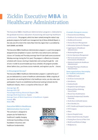 The Executive MBAin Healthcare Administration program is dedicated to
the graduate business education of practicing and aspiring healthcare
professionals. The program, which has been ranked among the nation’s top
graduate programs forhealth care management by US News &World Report, is
the only oneof its kind in the metro New York City region that is accredited by
both CAHME and AACSB.
The Executive MBAin Healthcare Administration program is a part-time program
designed to be completed in 3years. Each fall a new cohortstarts and takes
classes onTuesday and Thursday evenings from6-9 pm(with some occasional
Mondayevenings during the first year). Theprogram is offered ona trimester
schedule with classes starting in September and running through the end
of June. In order to accommodateyour busy schedule, the program provides
dinner before class, purchases course materials, and registers you for classes.
Is this program for you?
The Executive MBAin Healthcare Administration program is optimal foryou if
you are dedicated to a career in healthcare administration. Whilea majority of
ourstudents are working full-time in the healthcare sector, we also value your
participation if you’re an established professional seeking to break into the
healthcare industry. Here is a snapshot ofthe Class of 2017:
Average Age:30
Average GPA: 3.5
Percentage Holding Advanced Degree:24%
Average Work Experience: 7years
Average Years of Work Experience inHealthcare: 6years
Female:41%
Male:59%
Executive MBA in Healthcare
Administration Curriculum
The curriculum is designed to
prepare you forleadership in
healthcare’s rapidly changing
landscape by providing a strong
foundation in business and
healthcare fundamentals.
A sample of program courses:
• Financial DecisionMaking
• HealthcareAccounting andFinance
• HealthcareEconomics
• Human ResourceManagement
• Information Systemsfor Managers
• Legal AspectsofHealthcare
Administration
• MarketingManagement
• ServiceOperationsManagement
• TheSocialand Governmental
Environment ofHealthcare
• Statistical Analysis forHealthcare
Administration
• StrategicPlanningin Healthcare
Administration
Some organizations thatemploy
our students andalumni
• 32BJBenefit Funds
• ArchCareCommunityLife
• AstraZeneca
• EmblemHealth
• Hospital forSpecialSurgery
• MemorialSloan Kettering
CancerCenter
• Mount Sinai HealthSystem
• NewYork-Presbyterian/Columbia
University
• North Shore-LIJHealth System
• NovoNordisk, Inc.
• NYC Healthand Hospital Corporation
• NYU Langone
• Pfizer
• Queens HospitalCenter
• Staten Island University Hospital
• Visiting Nurse Serviceof New York
• WeillCornellMedical College
• Wellpoint,Inc.
Zicklin Executive MBA in
HealthcareAdministration
 