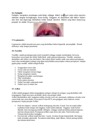 16. Faringitis
Faringitis merupakan peradangan pada faring sehingga timbul rasa nyeri pada waktu menelan
makanan ataupun kerongkongan terasa kering. Gangguan ini disebabkan oleh infeksi bakteri
atau virus dan dapat juga disebabkan terlalu banyak merokok. Bakteri yang biasa menyerang
penyakit ini adalah Streptococcus pharyngitis.
17.Legionnaries
Legionnaries adalah penyakit paru-paru yang disebabkan bakteri legionella pneumophilia. Bentuk
infeksinya mirip dengan pneumonia.
18. Tonsilitis
Tonsillitis adalah peradangan pada tonsil (amandel) sehingga tampak membengkak, berwarna
kemerahan, terasa lunak dan timbul bintik-bintik putih pada permukaannya. Tonsilitis umumnya
disebabkan oleh infeksi virus dan bakteri. Jika terjadi infeksi melalui mulut atau saluran pernapasan,
tonsil akan membengkak (radang) yang dapat menyebabkan penyempitan saluran pernapasan. Adapun
gejala-gelaja tonsilitis adalah sebagaiberikut.
1. Tenggorokan terasa sakit.
2. Terasa sakit saat menelan.
3. Tubuh mengalami demam tinggi.
4. Sering mengalami muntah
5. Mengalami kesulitan saat bernapas
6. Tidur mendengkur
7. Nafsu makan menurun
8. Timbul bau tidak sedap pada mulut
9. Timbul nyeri di sekitar otot
19. Asfiksi
Asfiksi adalah gangguan dalam pengangkutan jaringan toksigen ke jaringan yang disebabkan oleh
terganggunya fungsi paru-paru, pembuluh darah, atau jaringan tubuh.
Asfiksi disebababkan oleh: tenggelam (akibat alveolus terisi air), pneumonia (akibatnya alveolus terisi
cairan lendir dan cairan limfa), keracunan CO dan HCN,atau gangguan sitem sitokrom (enzim
pernapasan). Gejala penyakit Asfiksi:
1. Pada fase dispneu / sianosis asfiksia berlangsung kira-kira 4 menit. Fase ini terjadi akibat
rendahnya kadar oksigen dan tingginya kadar karbon dioksida. Tingginya kadar karbon
dioksida akan merangsang medulla oblongata sehingga terjadi perubahan pada pernapasan,
nadi dan tekanan darah. Pernapasan terlihat cepat,berat, dan sukar. Nadi teraba cepat.
Tekanan darah terukur meningkat.
2. Fase konvulsi asfiksia terjadi kira-kira 2 menit. Awalnya berupa kejang klonik lalu kejang
tonik kemudian opistotonik. Kesadaran mulai hilang, pupil dilatasi, denyut jantung lambat,
dan tekanan darah turun.
 