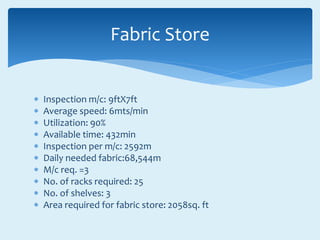  Inspection m/c: 9ftX7ft
 Average speed: 6mts/min
 Utilization: 90%
 Available time: 432min
 Inspection per m/c: 2592m
 Daily needed fabric:68,544m
 M/c req. =3
 No. of racks required: 25
 No. of shelves: 3
 Area required for fabric store: 2058sq. ft
Fabric Store
 