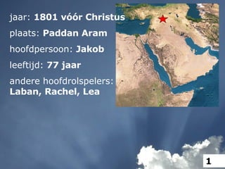 jaar:  1801 vóór Christus plaats:  Paddan Aram hoofdpersoon:  Jakob leeftijd:  77 jaar andere hoofdrolspelers: Laban, Rachel, Lea 1 