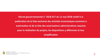 République Tunisienne
Ministère du Développement, de l'Investissement et de la
Coopération Internationale 3
Décret gouvernemental n° 2018-417 du 11 mai 2018 relatif à la
publication de la liste exclusive des activités économiques soumises à
autorisation et de la liste des autorisations administratives requises
pour la réalisation de projets, les dispositions y afférentes et leur
simplification
 