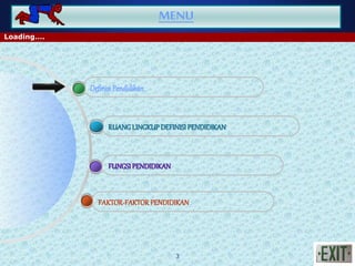 Loading….
MENU
DefinisiPendidikan
RUANGLINGKUPDEFINISI PENDIDIKAN
FUNGSIPENDIDIKAN
FAKTOR-FAKTORPENDIDIKAN
3
 