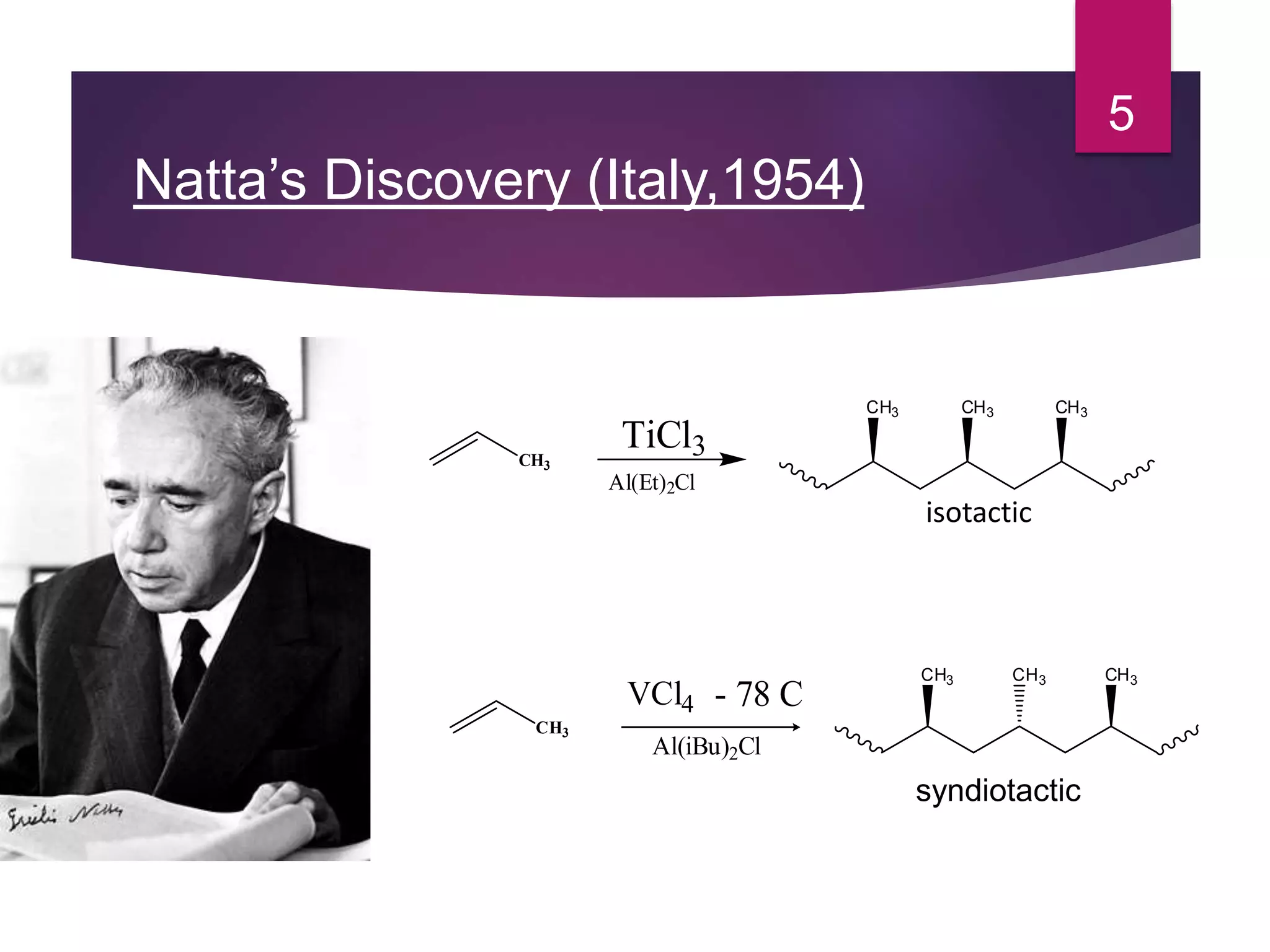 Natta’s Discovery (Italy,1954)
5
isotactic
syndiotactic
CH3
VCl4
Al(iBu)2Cl
- 78 C
CH3CH3 CH3
CH3CH3 CH3
CH3
TiCl3
Al(Et)2Cl
 