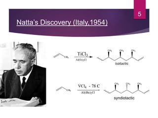 Natta’s Discovery (Italy,1954)
5
isotactic
syndiotactic
CH3
VCl4
Al(iBu)2Cl
- 78 C
CH3CH3 CH3
CH3CH3 CH3
CH3
TiCl3
Al(Et)2Cl
 