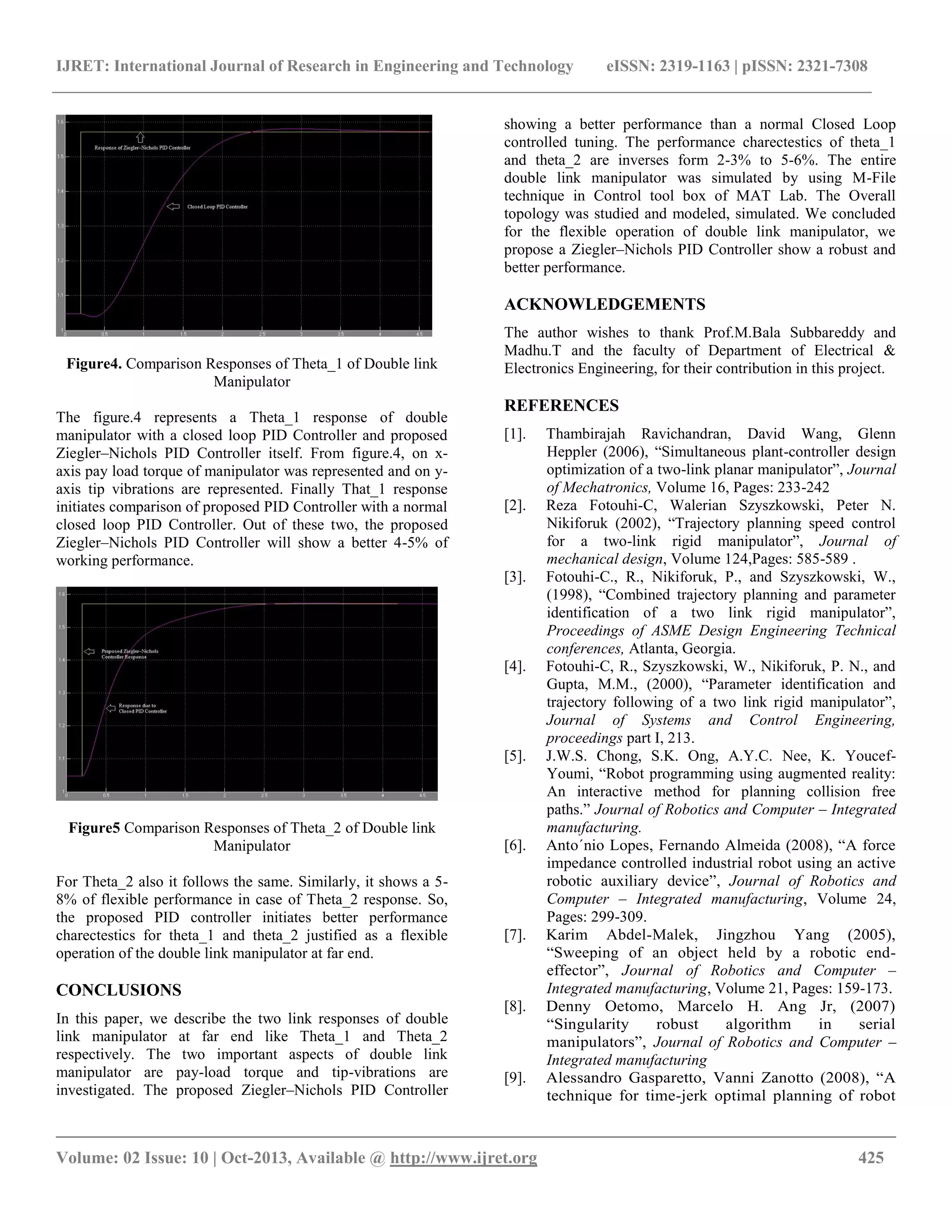 IJRET: International Journal of Research in Engineering and Technology eISSN: 2319-1163 | pISSN: 2321-7308
__________________________________________________________________________________________
Volume: 02 Issue: 10 | Oct-2013, Available @ http://www.ijret.org 425
Figure4. Comparison Responses of Theta_1 of Double link
Manipulator
The figure.4 represents a Theta_1 response of double
manipulator with a closed loop PID Controller and proposed
Ziegler–Nichols PID Controller itself. From figure.4, on x-
axis pay load torque of manipulator was represented and on y-
axis tip vibrations are represented. Finally That_1 response
initiates comparison of proposed PID Controller with a normal
closed loop PID Controller. Out of these two, the proposed
Ziegler–Nichols PID Controller will show a better 4-5% of
working performance.
Figure5 Comparison Responses of Theta_2 of Double link
Manipulator
For Theta_2 also it follows the same. Similarly, it shows a 5-
8% of flexible performance in case of Theta_2 response. So,
the proposed PID controller initiates better performance
charectestics for theta_1 and theta_2 justified as a flexible
operation of the double link manipulator at far end.
CONCLUSIONS
In this paper, we describe the two link responses of double
link manipulator at far end like Theta_1 and Theta_2
respectively. The two important aspects of double link
manipulator are pay-load torque and tip-vibrations are
investigated. The proposed Ziegler–Nichols PID Controller
showing a better performance than a normal Closed Loop
controlled tuning. The performance charectestics of theta_1
and theta_2 are inverses form 2-3% to 5-6%. The entire
double link manipulator was simulated by using M-File
technique in Control tool box of MAT Lab. The Overall
topology was studied and modeled, simulated. We concluded
for the flexible operation of double link manipulator, we
propose a Ziegler–Nichols PID Controller show a robust and
better performance.
ACKNOWLEDGEMENTS
The author wishes to thank Prof.M.Bala Subbareddy and
Madhu.T and the faculty of Department of Electrical &
Electronics Engineering, for their contribution in this project.
REFERENCES
[1]. Thambirajah Ravichandran, David Wang, Glenn
Heppler (2006), “Simultaneous plant-controller design
optimization of a two-link planar manipulator”, Journal
of Mechatronics, Volume 16, Pages: 233-242
[2]. Reza Fotouhi-C, Walerian Szyszkowski, Peter N.
Nikiforuk (2002), “Trajectory planning speed control
for a two-link rigid manipulator”, Journal of
mechanical design, Volume 124,Pages: 585-589 .
[3]. Fotouhi-C., R., Nikiforuk, P., and Szyszkowski, W.,
(1998), “Combined trajectory planning and parameter
identification of a two link rigid manipulator”,
Proceedings of ASME Design Engineering Technical
conferences, Atlanta, Georgia.
[4]. Fotouhi-C, R., Szyszkowski, W., Nikiforuk, P. N., and
Gupta, M.M., (2000), “Parameter identification and
trajectory following of a two link rigid manipulator”,
Journal of Systems and Control Engineering,
proceedings part I, 213.
[5]. J.W.S. Chong, S.K. Ong, A.Y.C. Nee, K. Youcef-
Youmi, “Robot programming using augmented reality:
An interactive method for planning collision free
paths.” Journal of Robotics and Computer – Integrated
manufacturing.
[6]. Anto´nio Lopes, Fernando Almeida (2008), “A force
impedance controlled industrial robot using an active
robotic auxiliary device”, Journal of Robotics and
Computer – Integrated manufacturing, Volume 24,
Pages: 299-309.
[7]. Karim Abdel-Malek, Jingzhou Yang (2005),
“Sweeping of an object held by a robotic end-
effector”, Journal of Robotics and Computer –
Integrated manufacturing, Volume 21, Pages: 159-173.
[8]. Denny Oetomo, Marcelo H. Ang Jr, (2007)
“Singularity robust algorithm in serial
manipulators”, Journal of Robotics and Computer –
Integrated manufacturing
[9]. Alessandro Gasparetto, Vanni Zanotto (2008), “A
technique for time-jerk optimal planning of robot
 