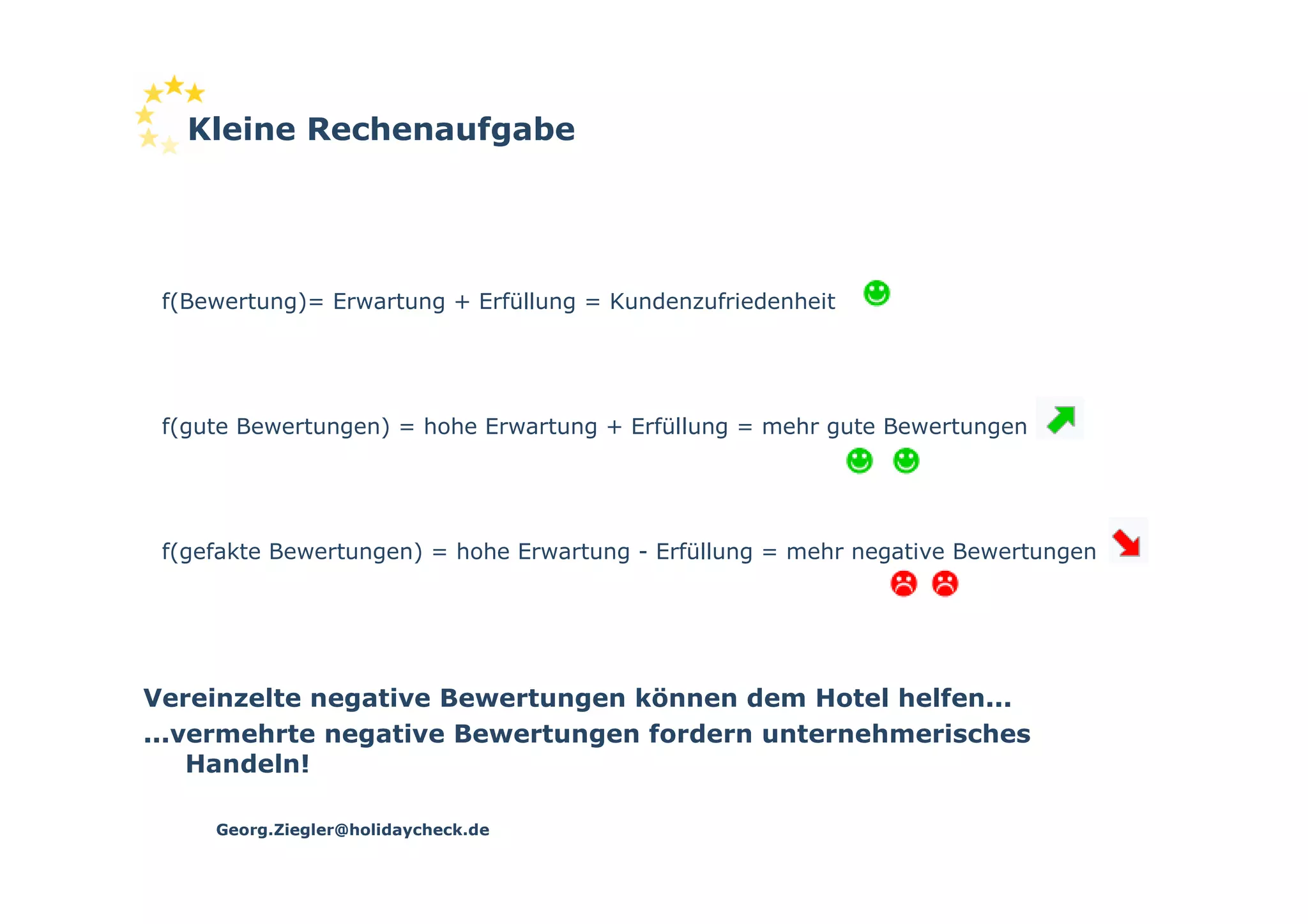 Kleine Rechenaufgabe




 f(Bewertung)= Erwartung + Erfüllung = Kundenzufriedenheit




 f(gute Bewertungen) = hohe Erwartung + Erfüllung = mehr gute Bewertungen




 f(gefakte Bewertungen) = hohe Erwartung - Erfüllung = mehr negative Bewertungen




Vereinzelte negative Bewertungen können dem Hotel helfen...
...vermehrte negative Bewertungen fordern unternehmerisches
    Handeln!

     Georg.Ziegler@holidaycheck.de
 