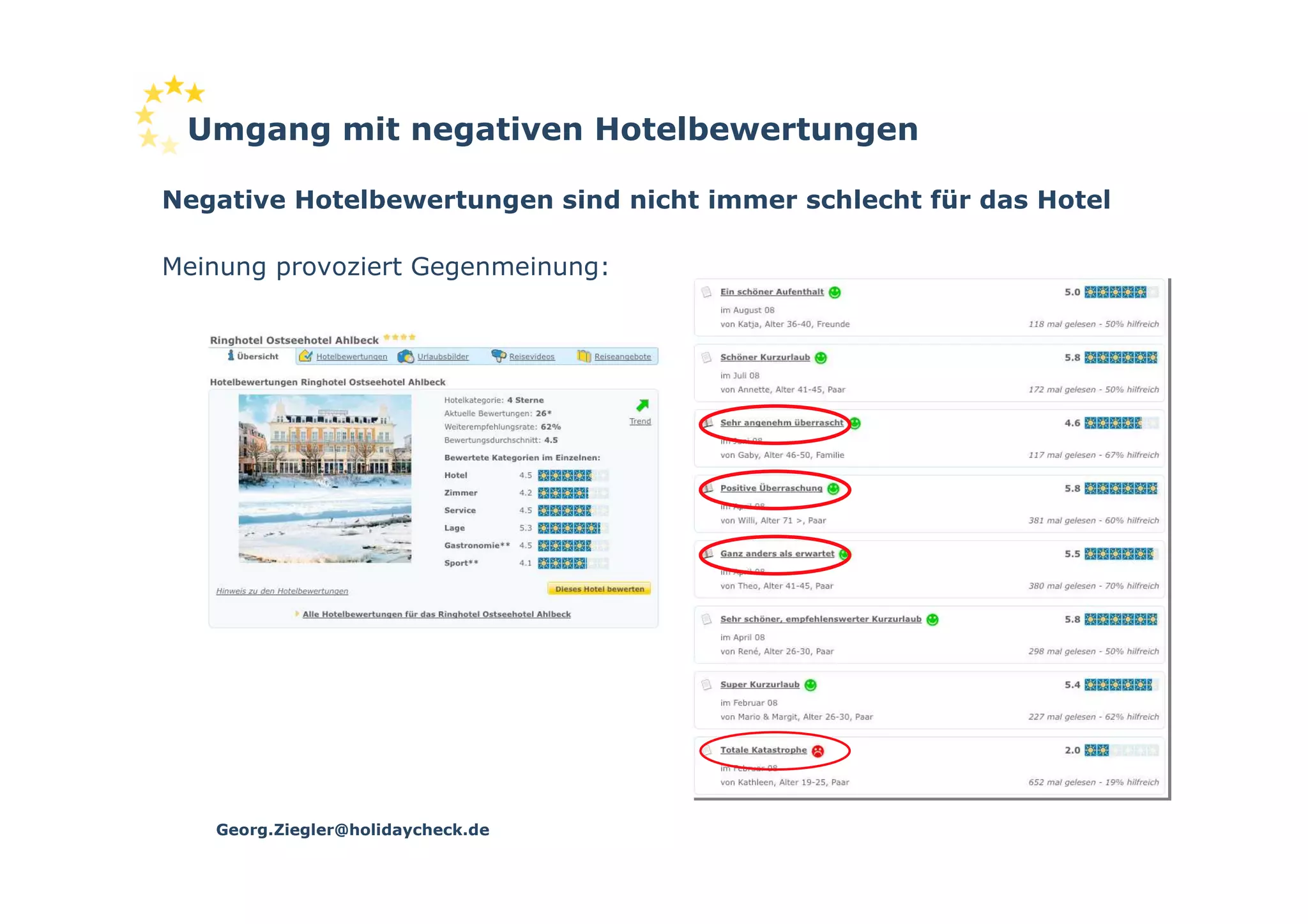 Umgang mit negativen Hotelbewertungen

Negative Hotelbewertungen sind nicht immer schlecht für das Hotel

Meinung provoziert Gegenmeinung:




   Georg.Ziegler@holidaycheck.de
 