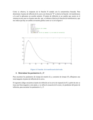 Como se observa, la respuesta de la función H cumple con la característica buscada. Para
determinar el punto de inflexión de la curva con forma de “S” se deriva la función de transferencia
a la cual le aplicamos un escalón unitario. El punto de inflexión es un cambio que ocurre en el
sistema en este caso es el punto más alto que se obtiene al derivar la función de transferencia y que
nos indica que hay un cambio en nuestra grafica como se ve en la figura 4
Figura 4. Función de transferencia derivada
2. Determinar los parámetros L y T
Para encontrar los parámetros de tiempo de retardo (L) y constante de tiempo (T), dibujamos una
recta tangente al punto de inflexión de la curva.
El siguiente código encuentra el punto de inflexión en la curva de respuesta de H, a partir de esto se
traza una línea tangente a este punto, y se utiliza la ecuación de la recta y la pendiente del punto de
inflexión, para encontrar los parámetros L y T.
 